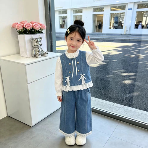 Children's denim clothes spring and autumn vest long sleeved three piece set