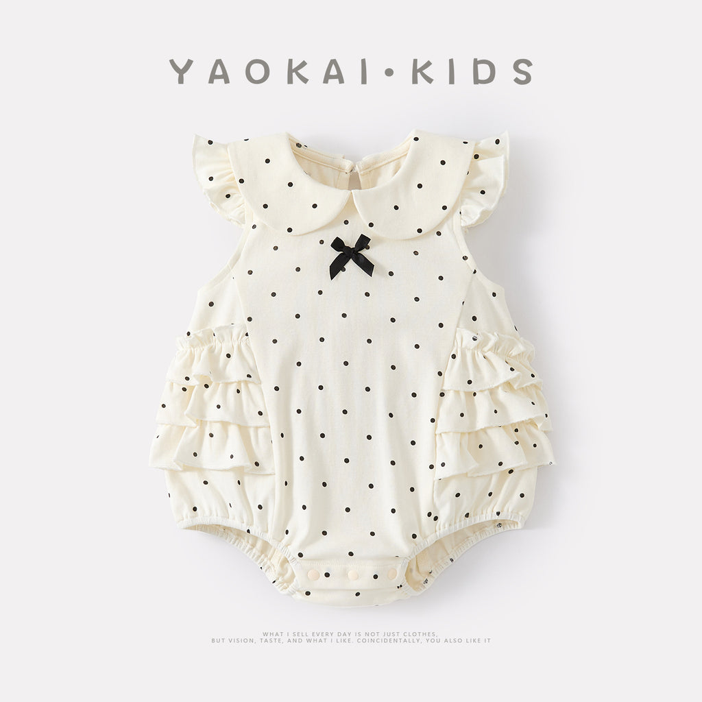 Dot Peter Pan Collar Sleeveless Romper, Baby Girl Summer Lightweight Sweet Casual Knit Onesie