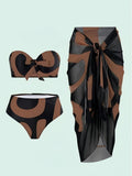 Separate Bikini Three-Piece Set Printed Conservative Beach Dress Sheer Swimwear for Women