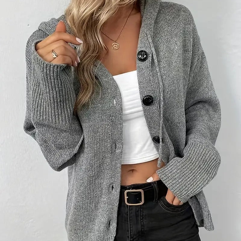 Women's Solid Color Hooded Button-Up Sweater