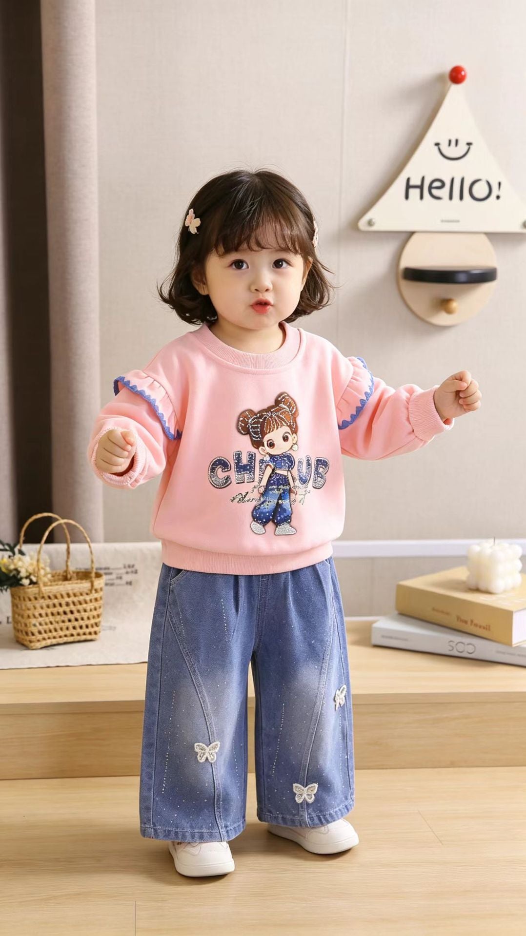 Cartoon hoodie long sleeved two-piece set for women