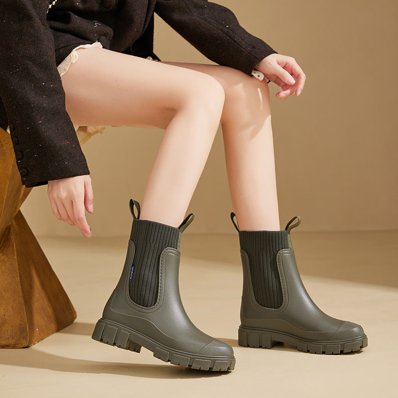 Elastic Waist Women's Mid-Calf Rain Boots, Durable Heeled Waterproof Non-Slip Outdoor Wearable Mid-Calf Boots for Rainy Weather