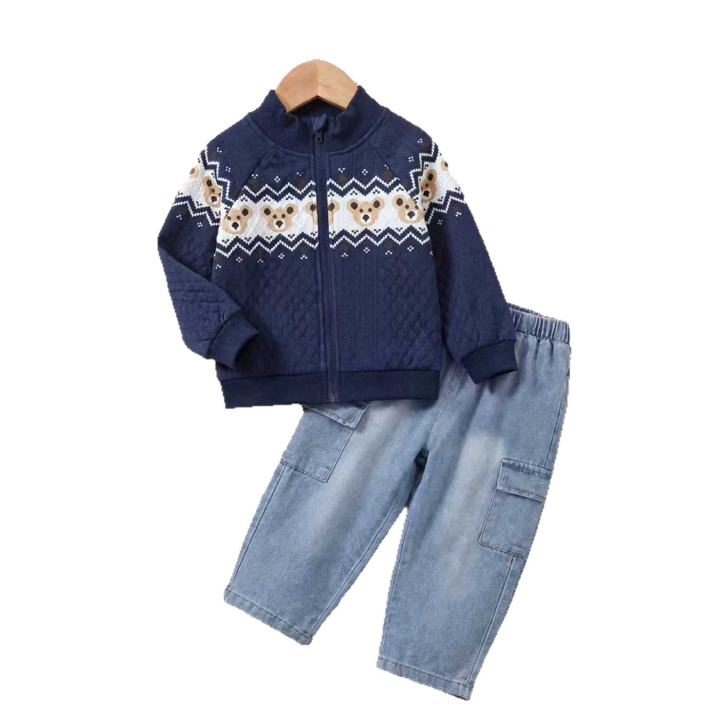 Boys' Stylish Bear Stand-Up Collar Zip-Up Shirt Set with Jeans Two-Piece Set