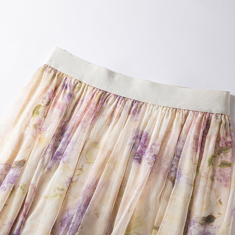 Silk Skirt Women Spring Summer High Waist Slim Fit A-Line Flowy Long Skirt Mulberry Silk Printed Maxi Skirt