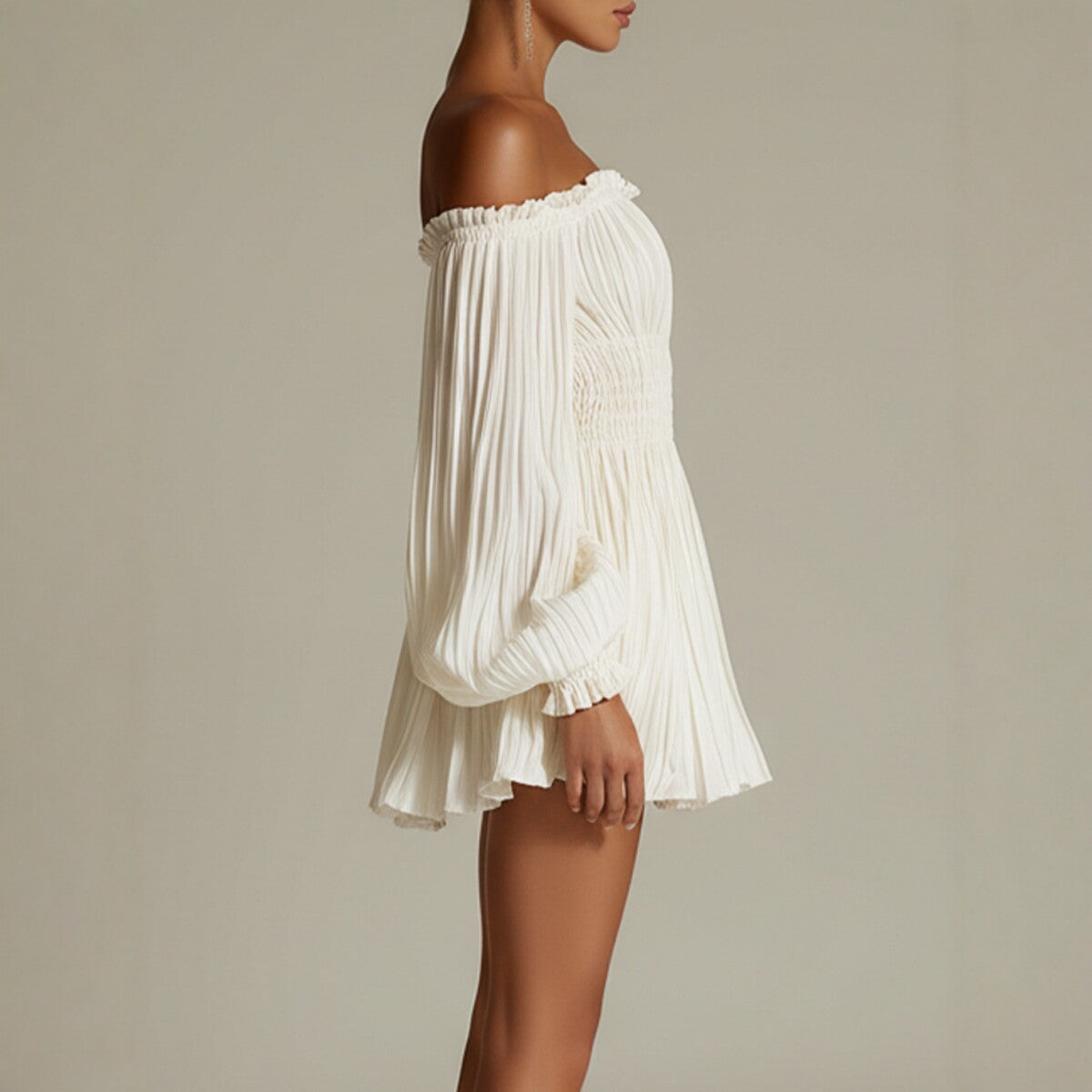 Elegant One-Shoulder Pleated Fitted Long Sleeve Dress for Women