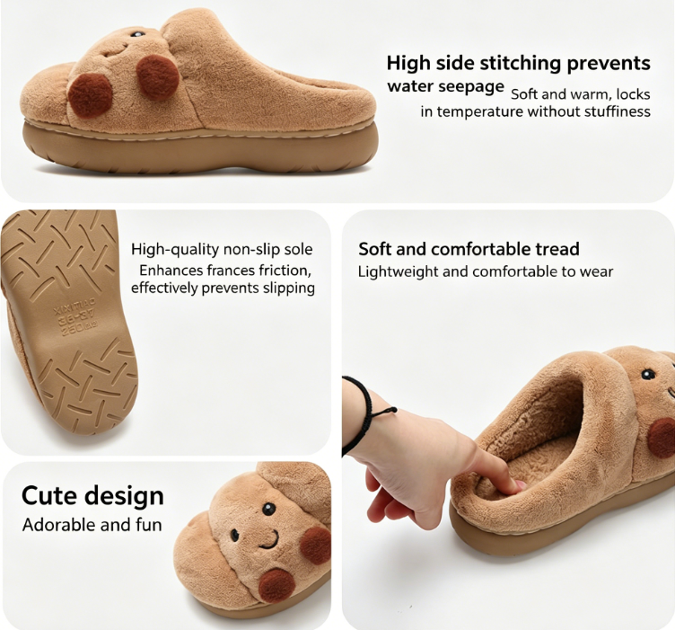 Men's and Women's Winter Cotton Slippers for Home, Couple Cute Croissant Bread