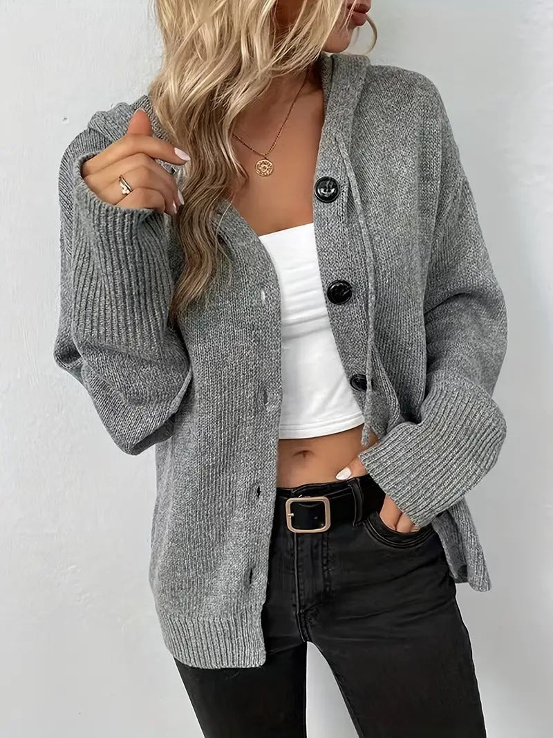 Women's Solid Color Hooded Button-Up Sweater