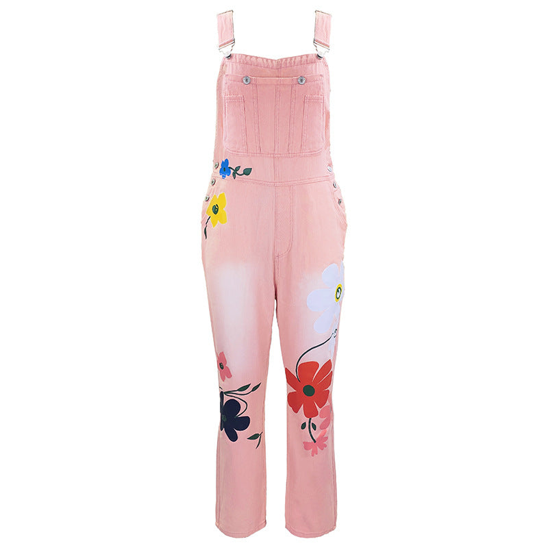 Summer Printed Overalls Denim Pants with Ripped Details, Loose Straight Leg Casual Stylish Versatile Long Pants for Women