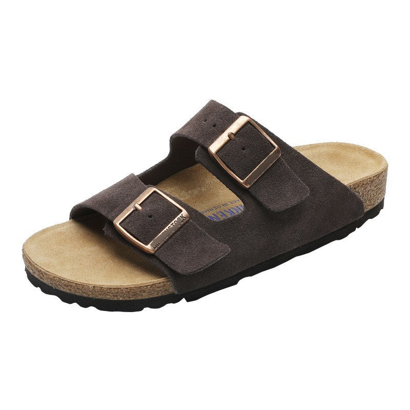 Leather flat bottomed Buchen slippers for women's doubles with button up two character slippers