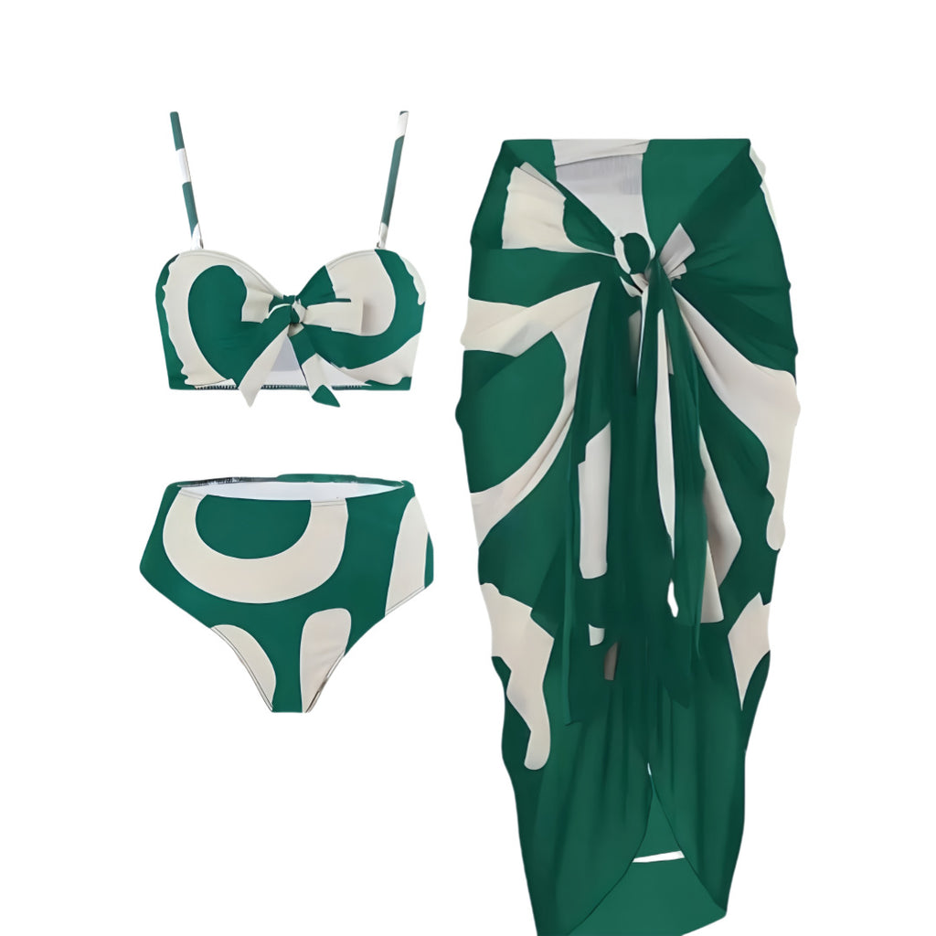 Separate Bikini Three-Piece Set Printed Conservative Beach Dress Sheer Swimwear for Women
