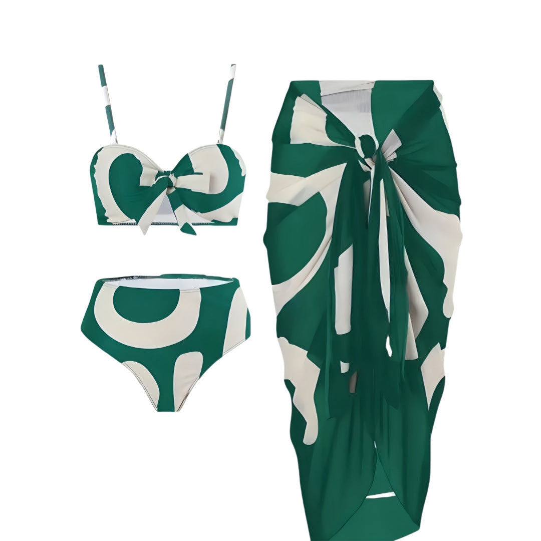 Separate Bikini Three-Piece Set Printed Conservative Beach Dress Sheer Swimwear for Women