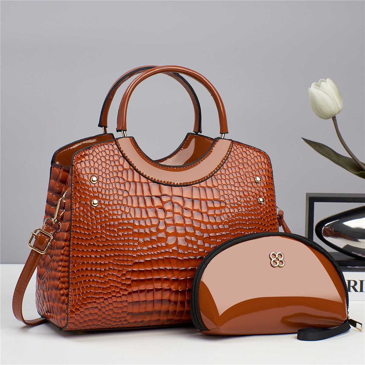 Handbag snake patterned mother and child bag shiny leather platinum bag