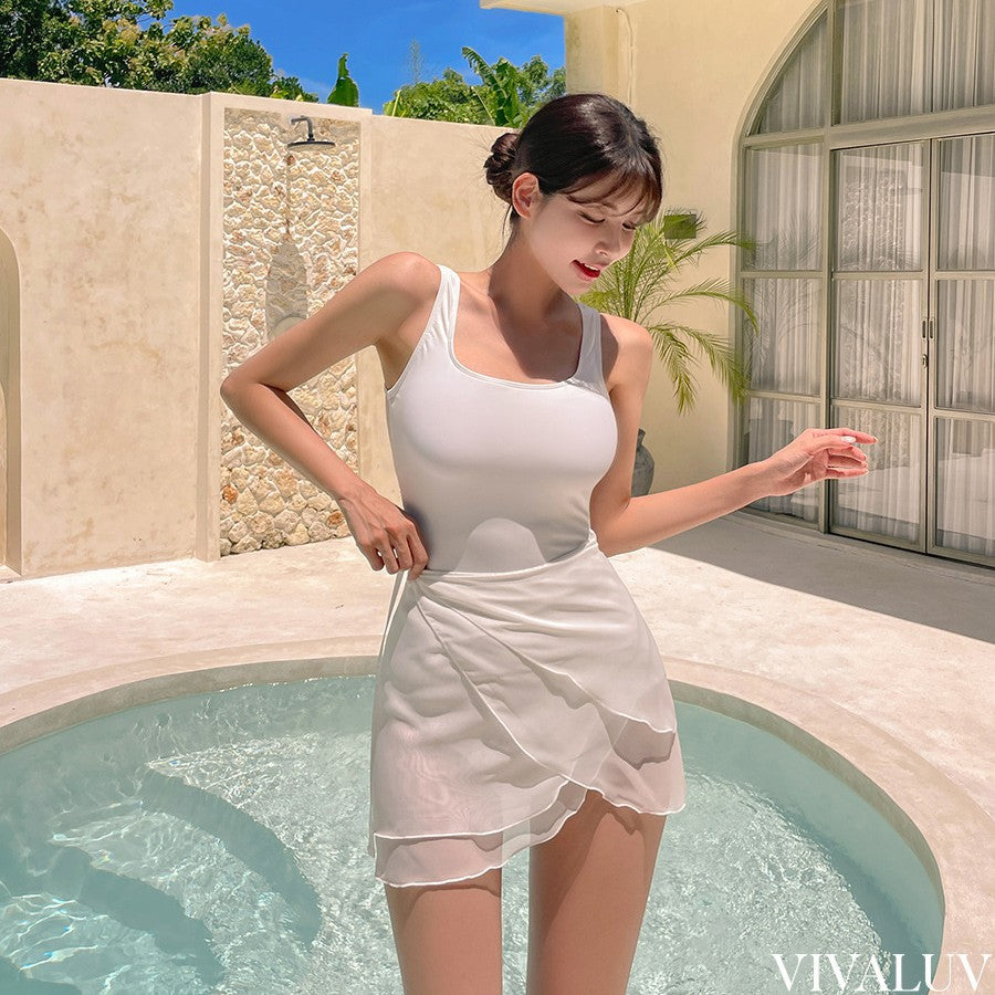 White Simple Mesh Backless Dress-style Bikini Set for Women