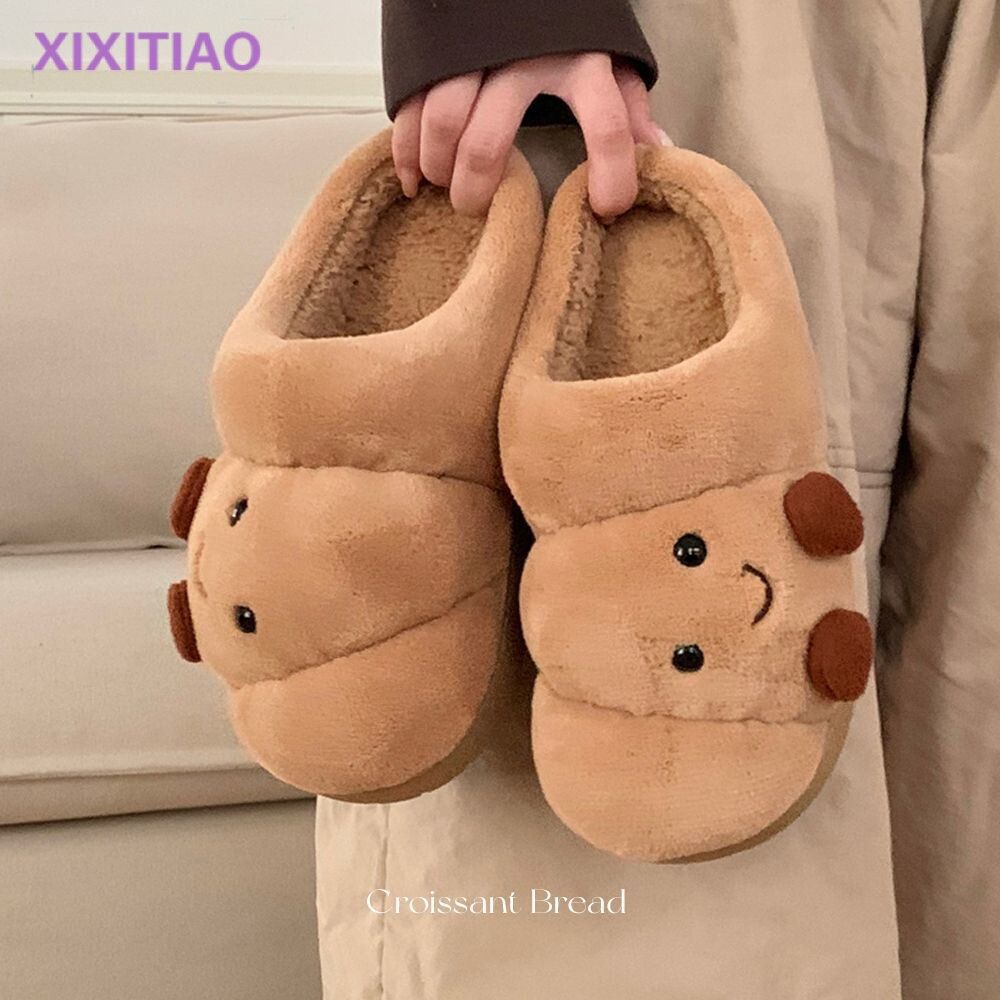 Men's and Women's Winter Cotton Slippers for Home, Couple Cute Croissant Bread
