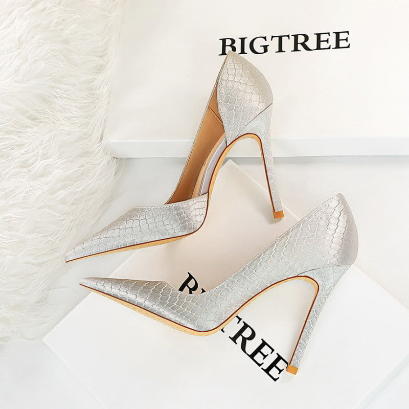 Thin heeled super high heels with shallow side hollow snake pattern silk high heels for women