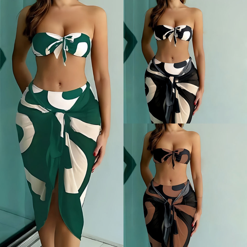Separate Bikini Three-Piece Set Printed Conservative Beach Dress Sheer Swimwear for Women
