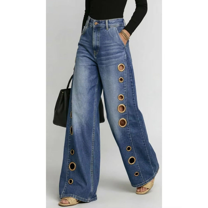 New jeans for women, metal eyelet design, casual loose high-waisted wide-leg jeans