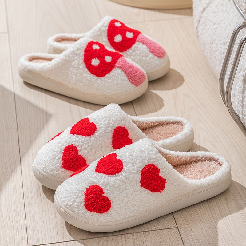 Cute Strawberry Cartoon Cotton Slippers for Couples Non-Slip Thick Sole Indoor Warm Fleece Slippers