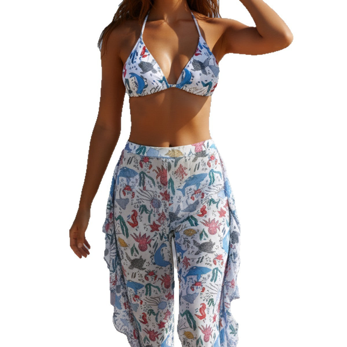 Bikini Three-Piece Set with Ruffle Wide-Leg Pants Swimsuit for Women