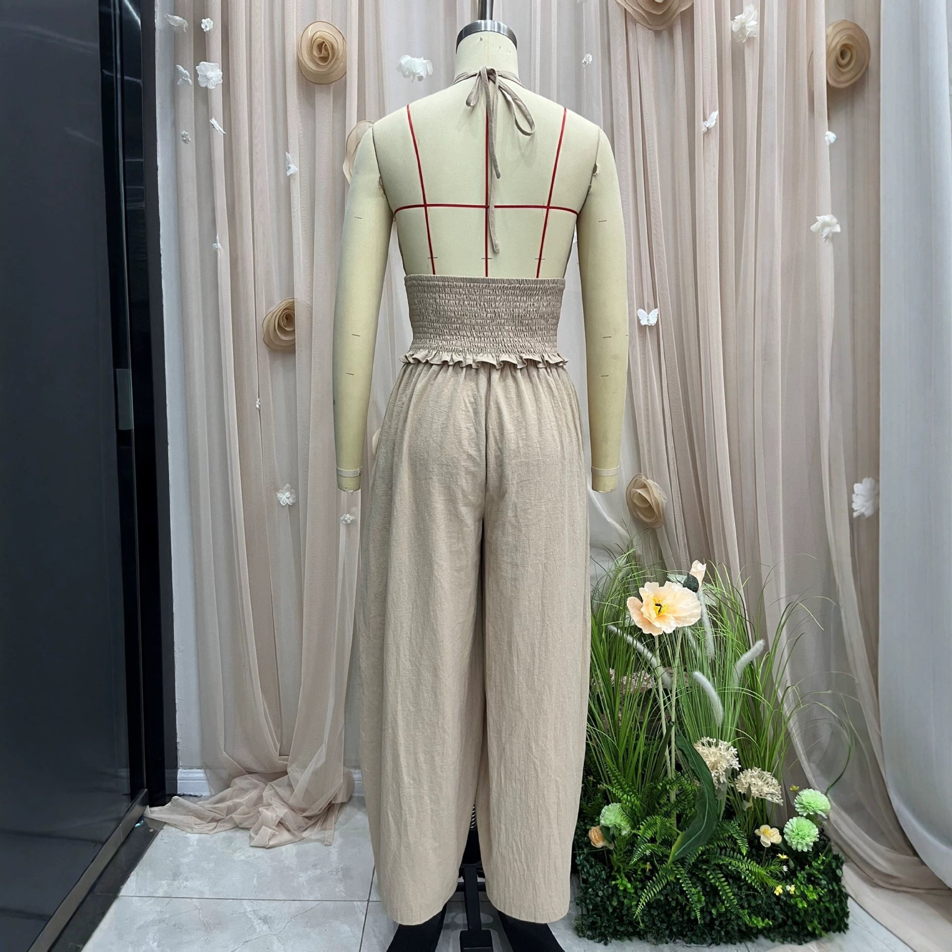 Hanging neck V-neck short top+loose lantern pants linen two-piece set for women