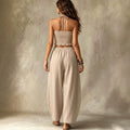 Hanging neck V-neck short top+loose lantern pants linen two-piece set for women