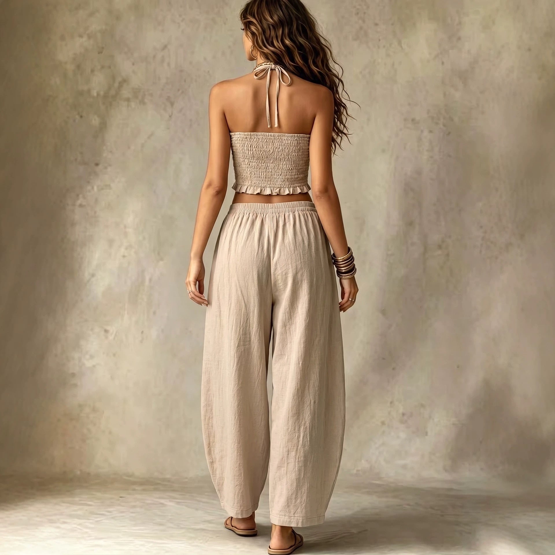 Hanging neck V-neck short top+loose lantern pants linen two-piece set for women