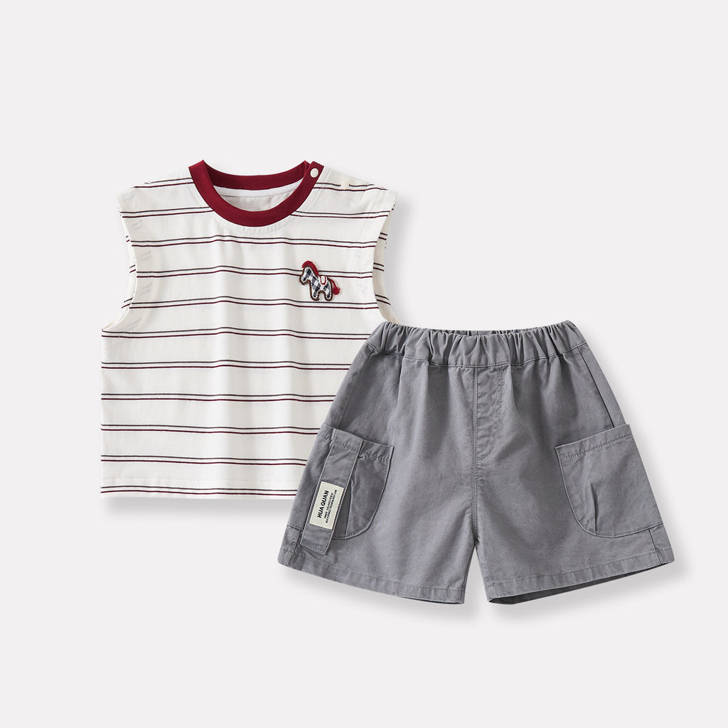Knit Vest and Lightweight Cotton Shorts Two-Piece Set for Babies and Toddlers Summer Casual Wear
