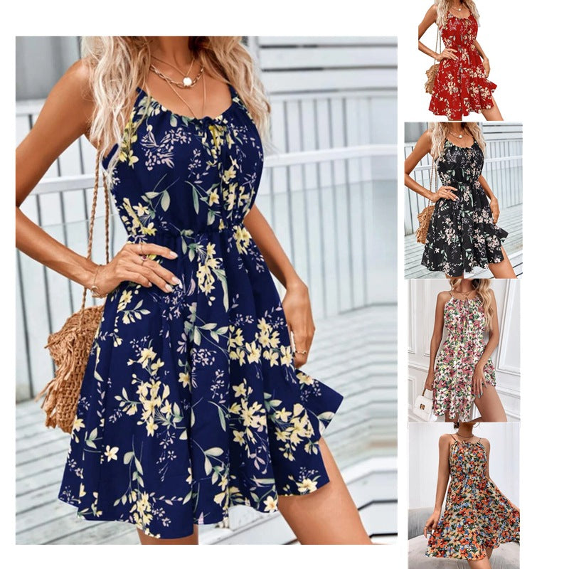 Elegant Sleeveless Printed Dress with Elastic Waist and Straps for Women
