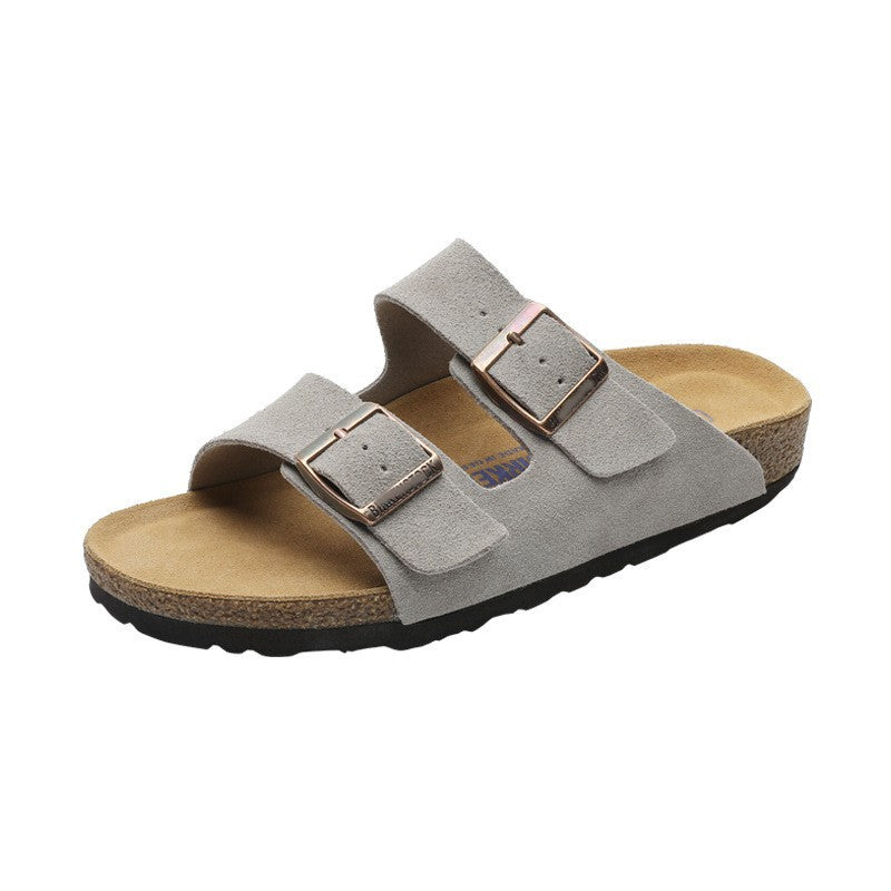 Leather flat bottomed Buchen slippers for women's doubles with button up two character slippers