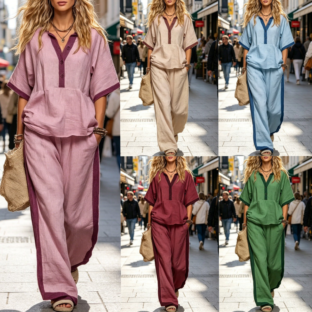 Casual Loose Solid Color Top with V-Neck and Three-Quarter Sleeves  Elastic Waist Loose Wide-Leg Pants Solid Color Set for Women