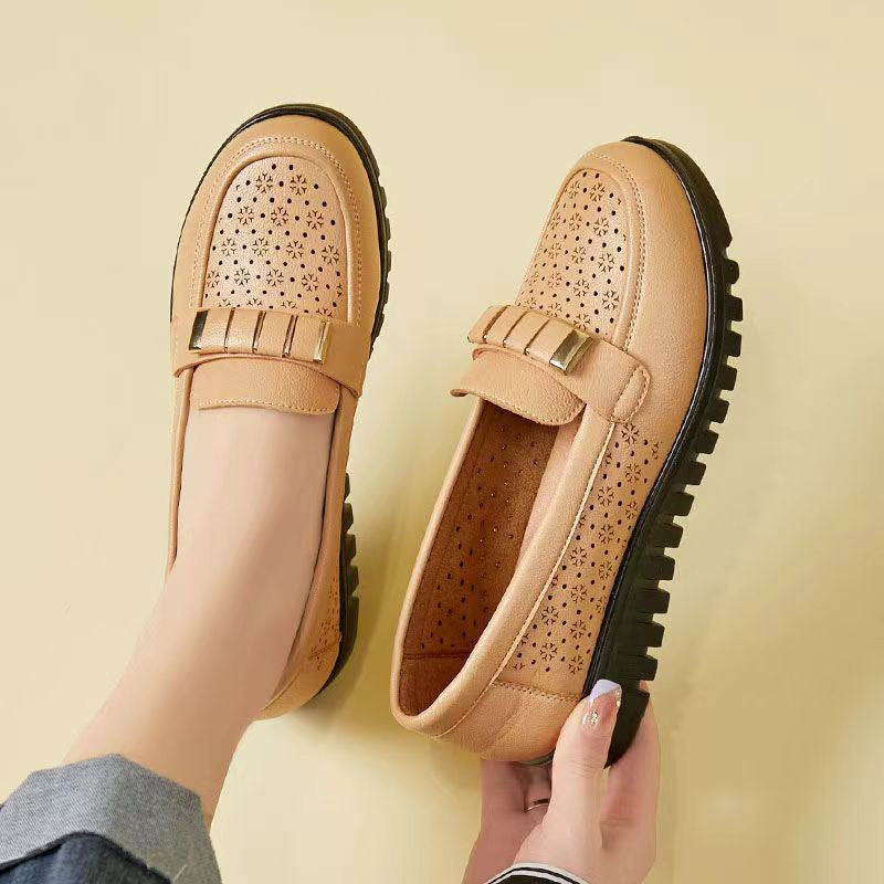Thick Sole Loafer Women's Casual Breathable Small Leather Shoes Fashionable Mom Shoes Casual Wide Size Single Shoes