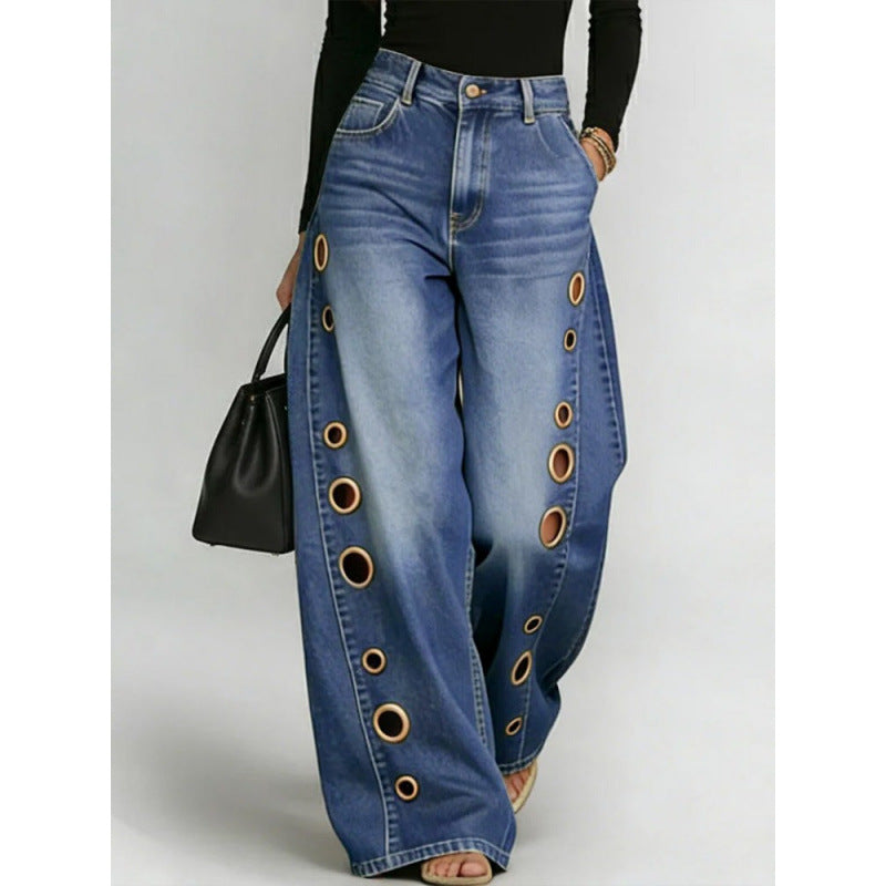 New jeans for women, metal eyelet design, casual loose high-waisted wide-leg jeans