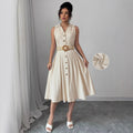 V-neck sleeveless breasted waistband A hem shirt dress for women