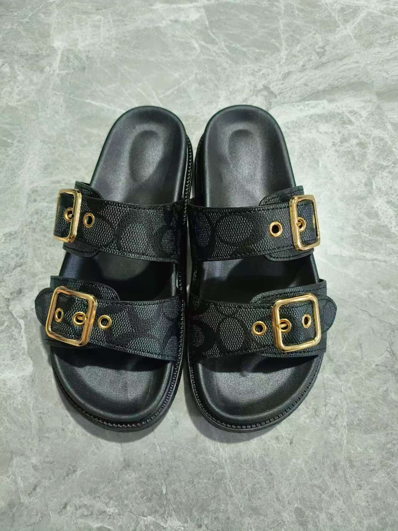 One string double buckle thick soled slippers