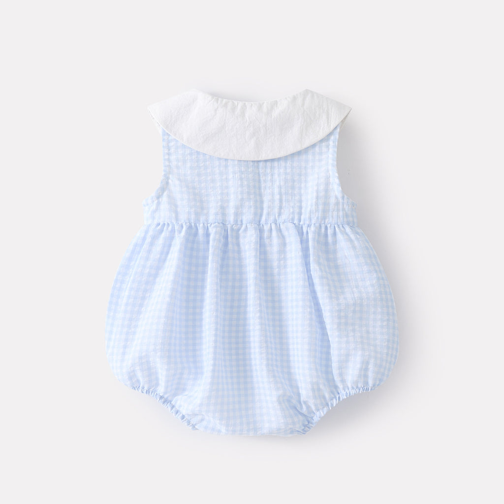 Cute Cartoon Checkered Sleeveless Romper for Baby Girls, Lightweight and Breathable Summer Onesie with Simple Design