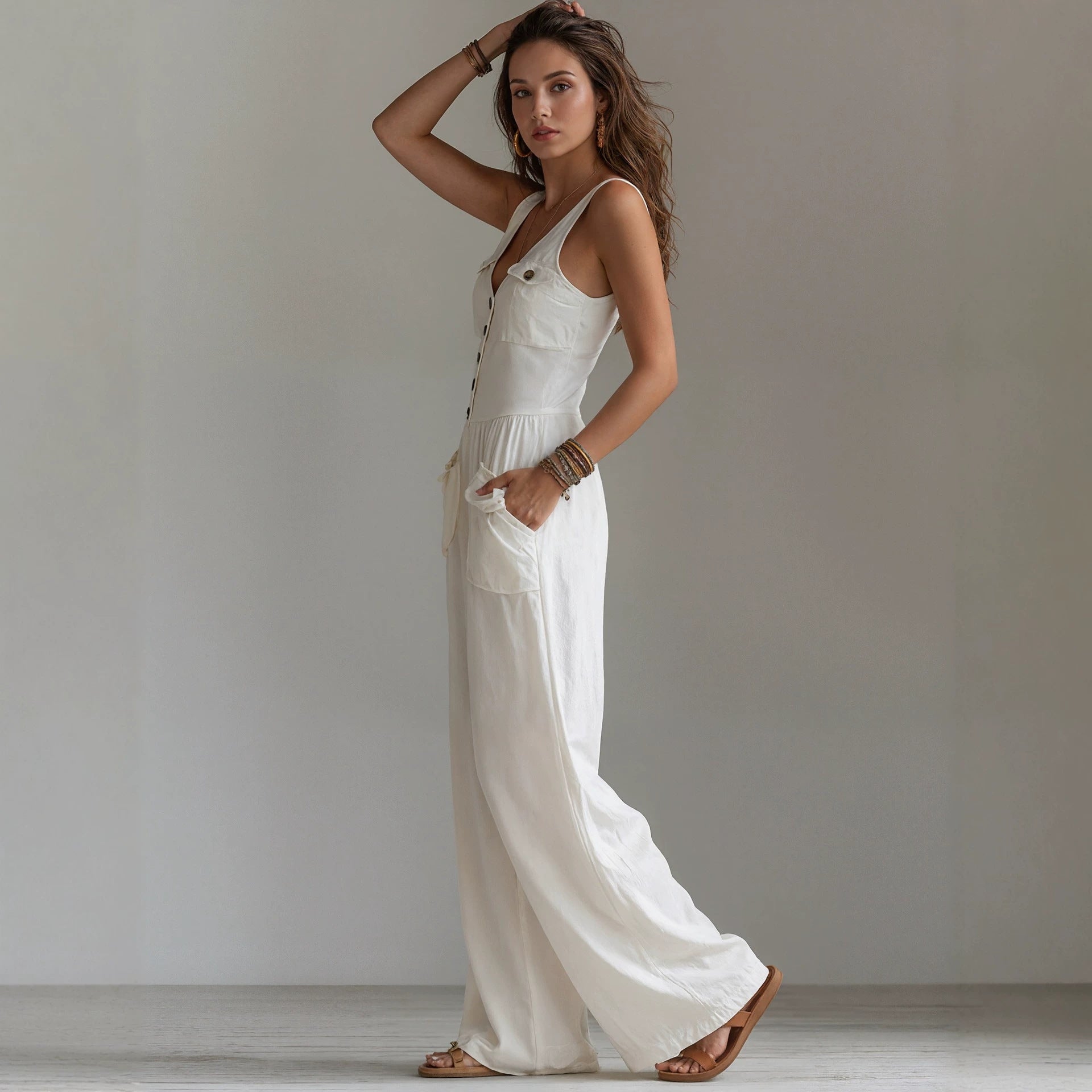 Summer pocket V-neck vest high waisted jumpsuit for women