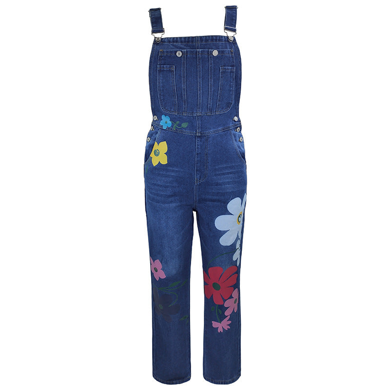 Summer Printed Overalls Denim Pants with Ripped Details, Loose Straight Leg Casual Stylish Versatile Long Pants for Women