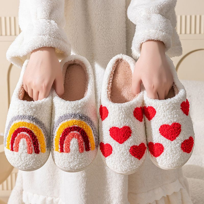 Cute Strawberry Cartoon Cotton Slippers for Couples Non-Slip Thick Sole Indoor Warm Fleece Slippers