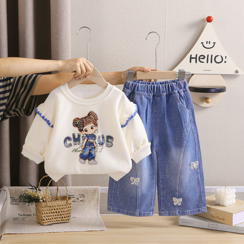 Cartoon hoodie long sleeved two-piece set for women