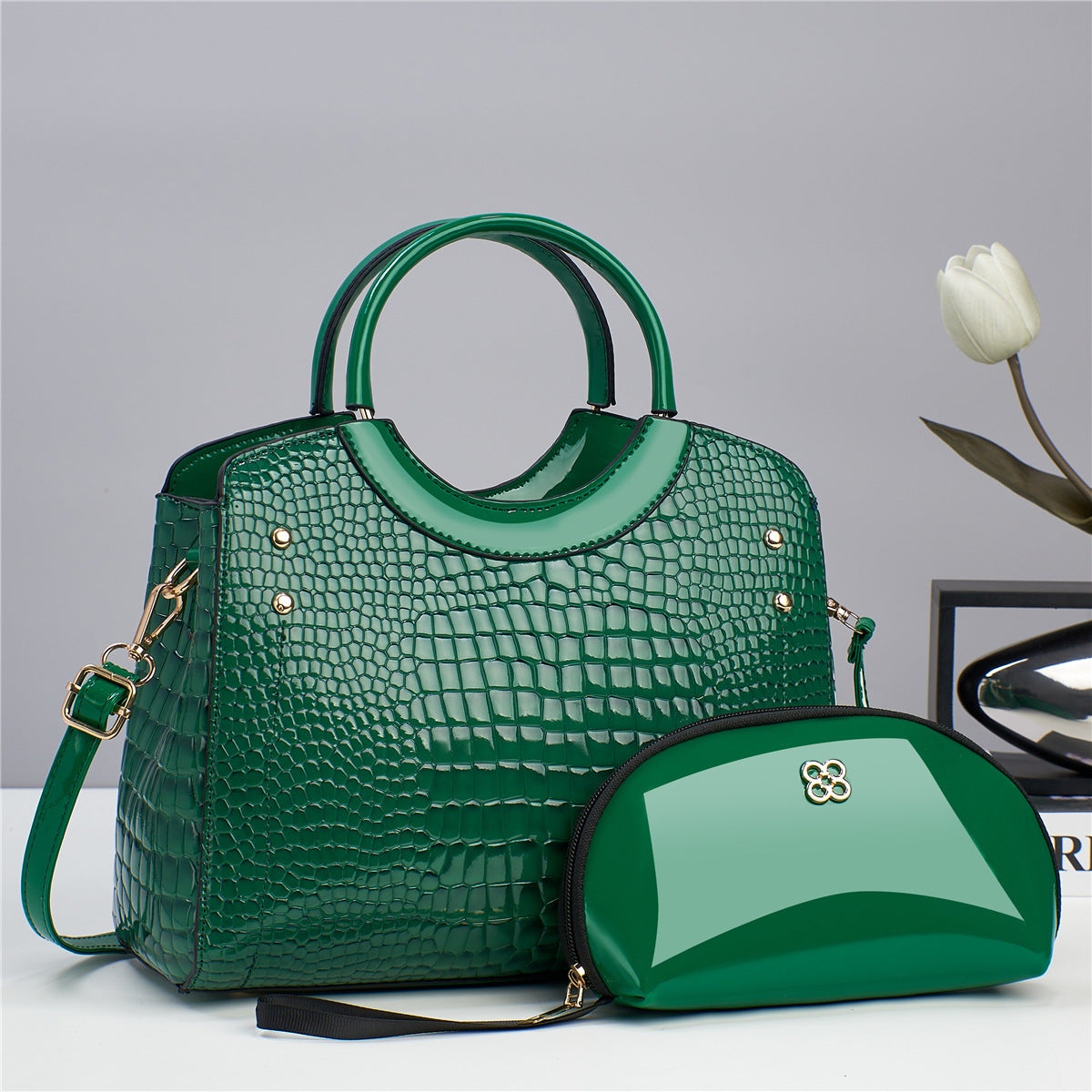 Handbag snake patterned mother and child bag shiny leather platinum bag