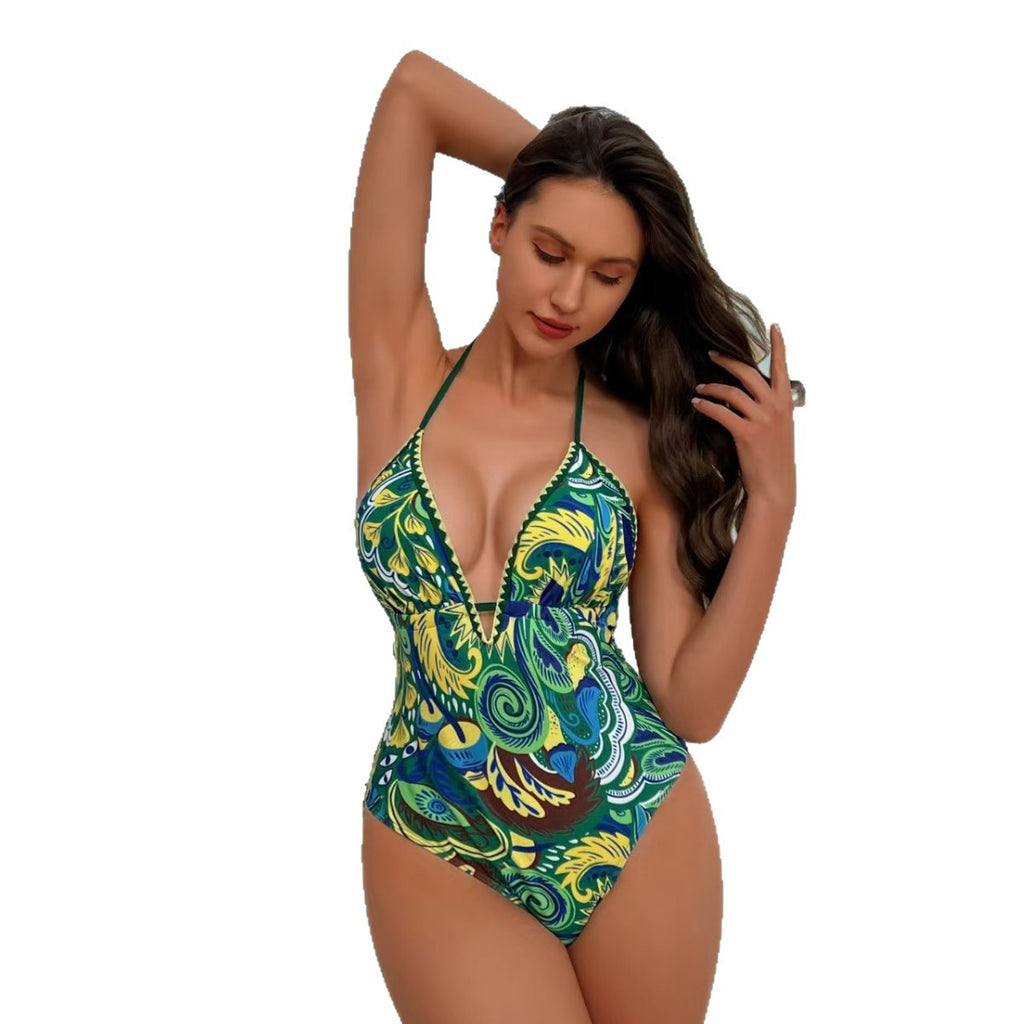 Retro Ethnic Print Backless One-Piece Swimsuit for Women