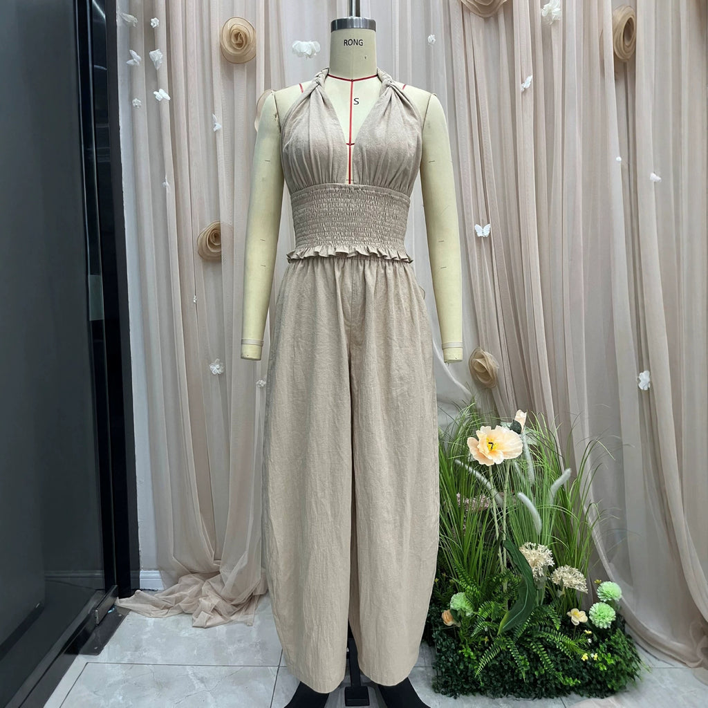 Hanging neck V-neck short top+loose lantern pants linen two-piece set for women