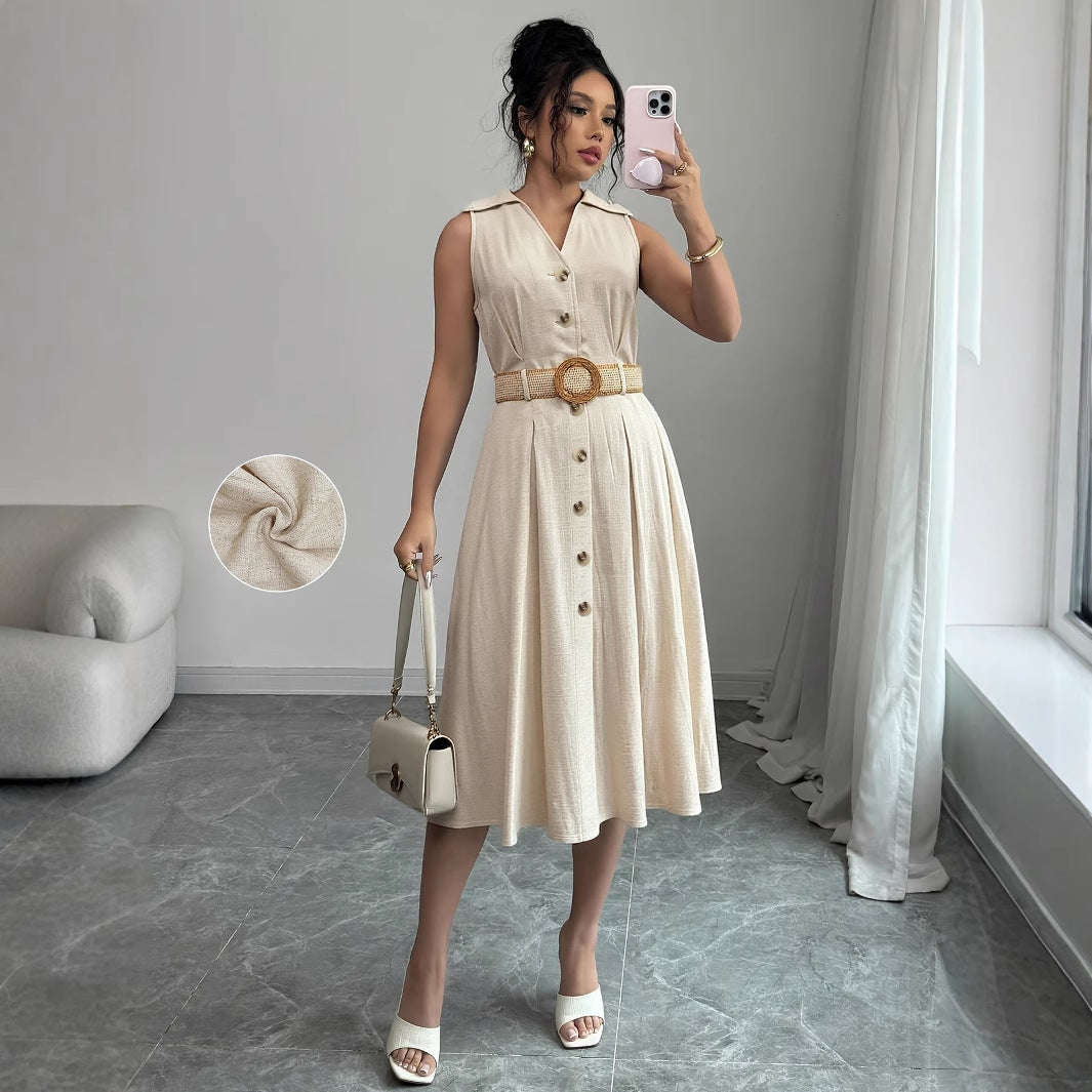 V-neck sleeveless breasted waistband A hem shirt dress for women
