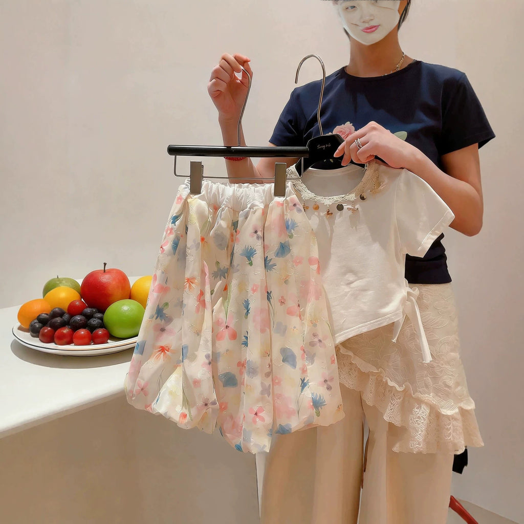 Floral Puff Bloom Shorts for Women,Ice Silk High Waist Slimming Dopamine Casual Skirt