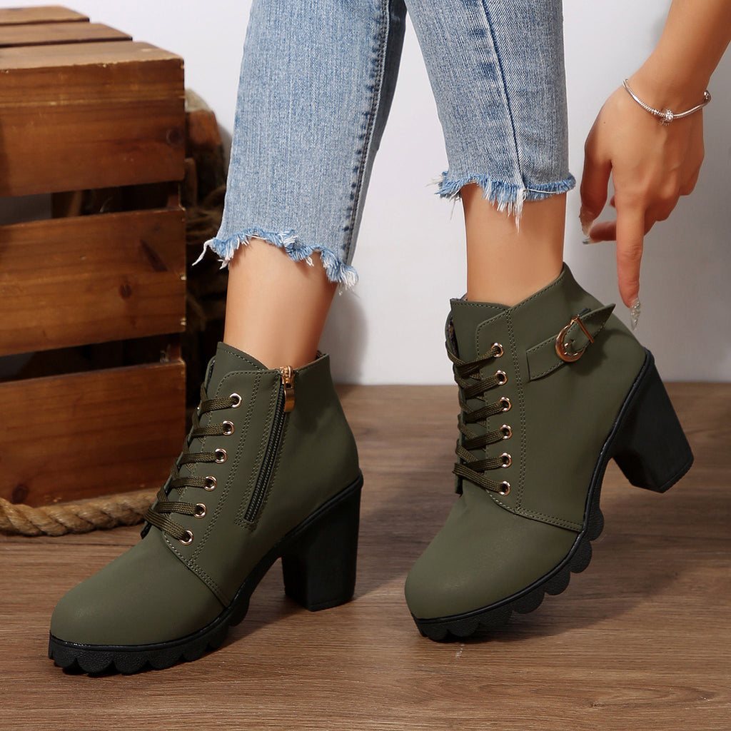 Chunky Heel Women's Leather Boots Low Cuff Round Toe High Heel Lace-Up Style with Heightening and Slimming Effect
