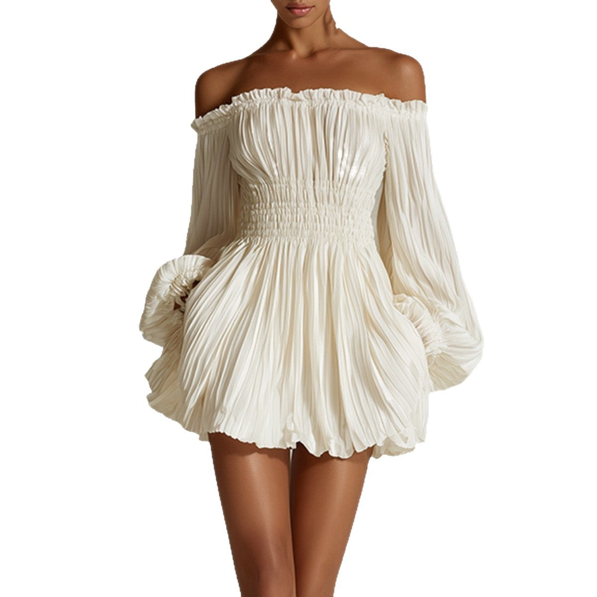 Elegant One-Shoulder Pleated Fitted Long Sleeve Dress for Women