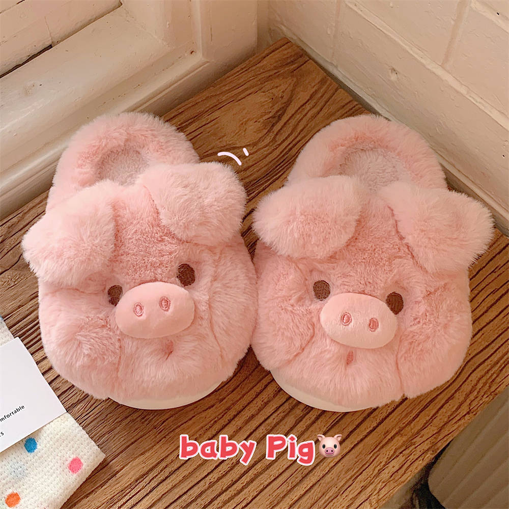 Winter Warm Soft Thick-Sole Furry Slippers for Women, Cute Pink Pig Cotton House Slippers