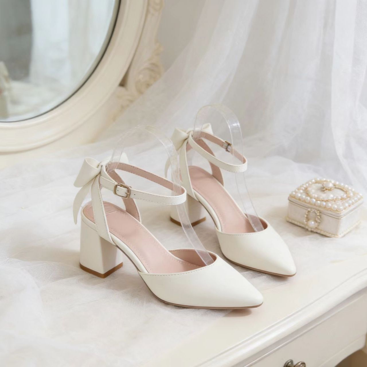 Women's off-white bow chunky heel pointed toe sandals for spring and summer