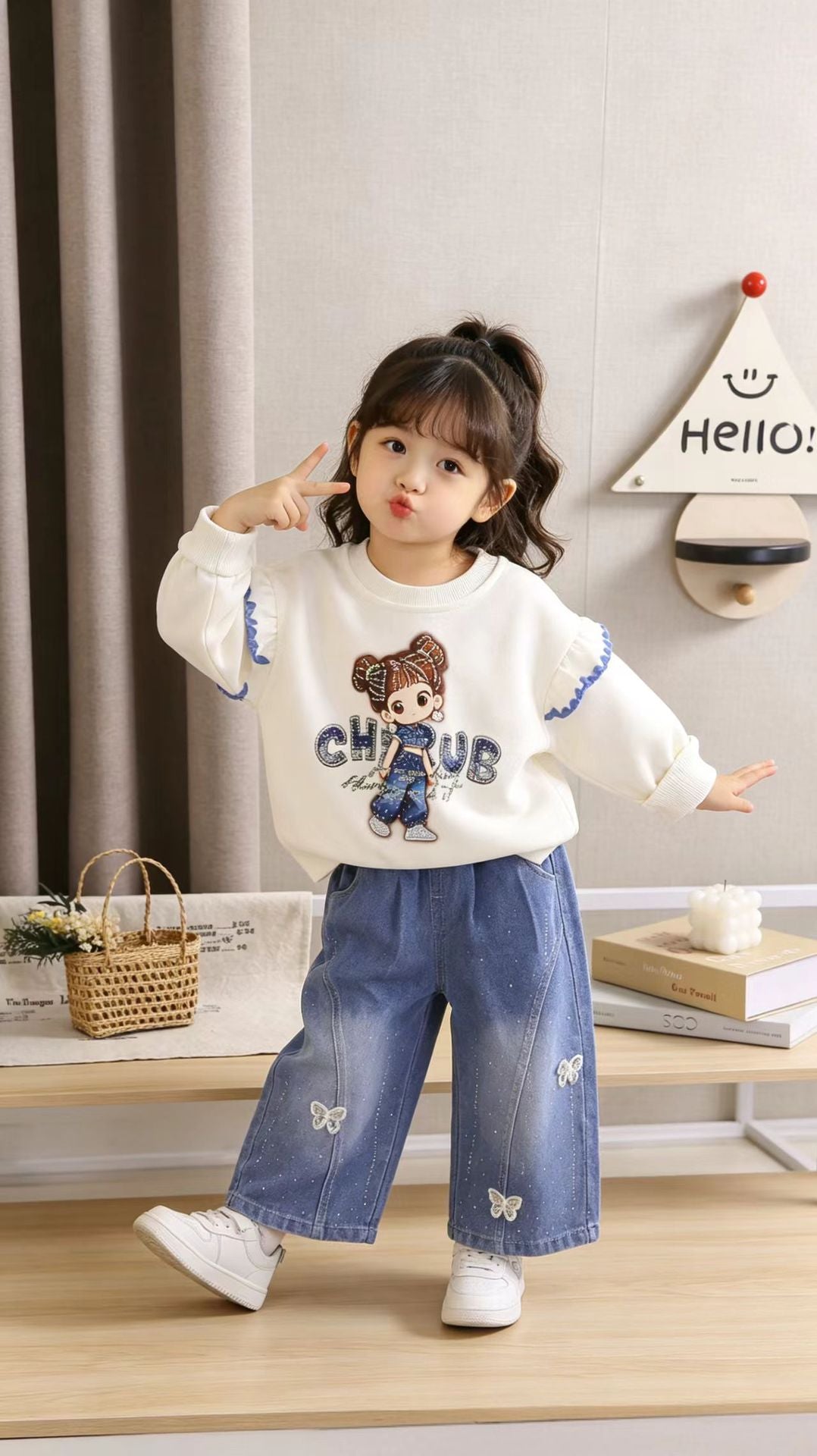 Cartoon hoodie long sleeved two-piece set for women