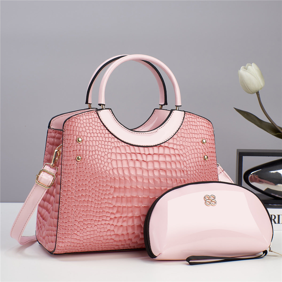 Handbag snake patterned mother and child bag shiny leather platinum bag